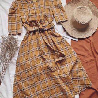 Đầm caro nâu cột nơ eo