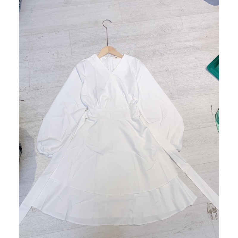 Đầm - Váy trắng dáng xoè dự tiệc tay bồng cổ tim thắt eo nơ sau Hàn quốc (hình thật/ sẵn) | BigBuy360 - bigbuy360.vn