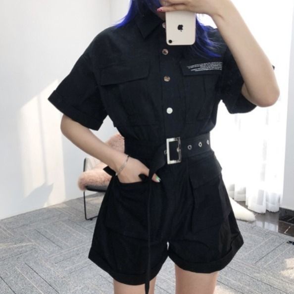 Handsome jumpsuit women's summer 2021 new black slim high-waist short-sleeved jumpsuit wide-leg shorts suit