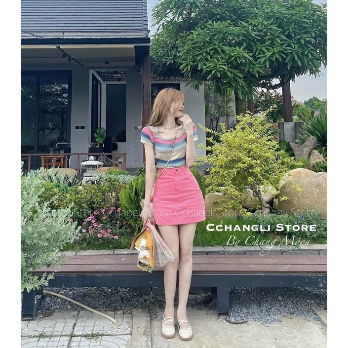 Áo len kẻ mongtoghi cổ vuông phối màu cực xinh