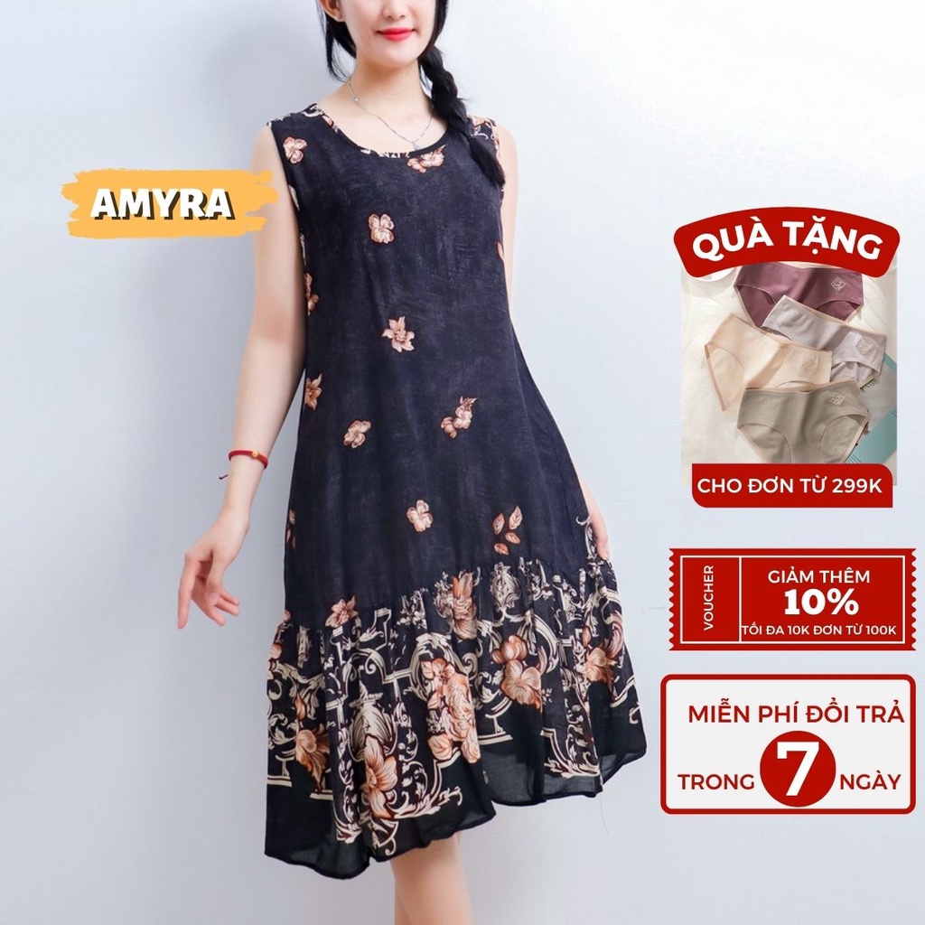 Đầm ngủ cho mẹ maxi mặc nhà trung niên vải lanh thái sát nách AMYRA - Váy ngủ bầu mặc nhà thổ cẩm mỏng, mát mùa hè va016