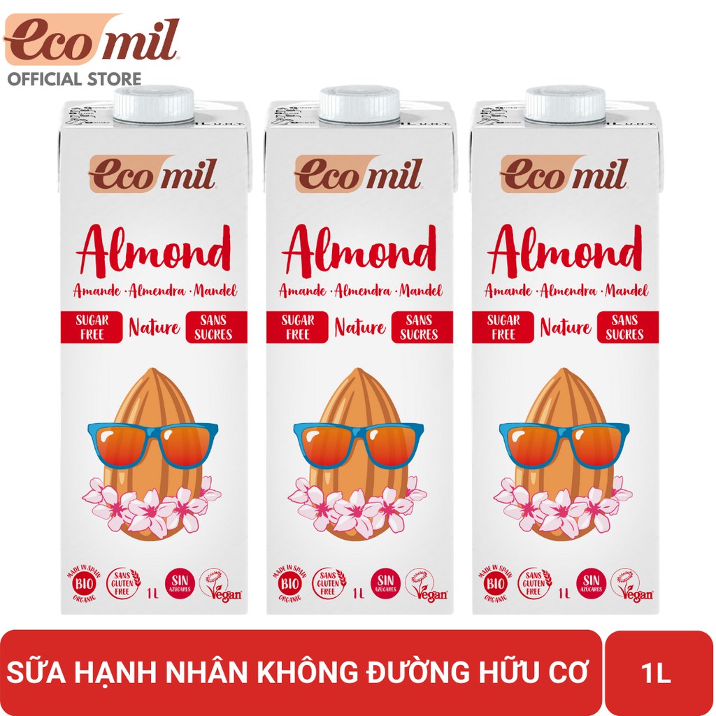 [Lốc 3 Hộp] Sữa Hạt  Hạnh Nhân Không Đường Hữu Cơ Ecomil (1L) - Organic Almond Milk Sugar Free (1L)