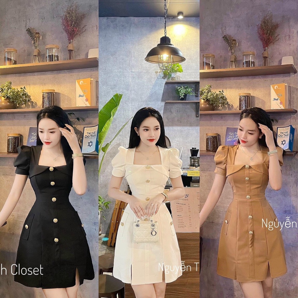 [9.9 Sales Freeship] Đầm tiểu thư chữ A, đầm cổ vuông tay phồng đính nút dáng ngắn xòe xẻ lai đi tiệc sang trọng dx