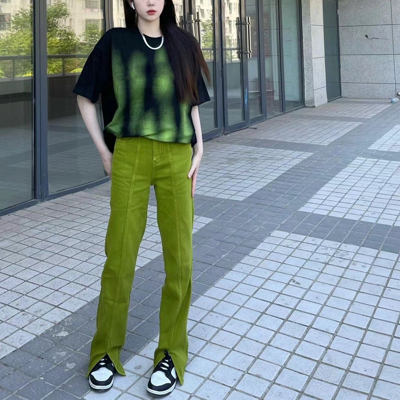 Quần Jean Dài Ống Đứng Xẻ Tà Màu Xanh Bơ Phong Cách Mỹ Thời Trang Mùa Hè Cho Nữ