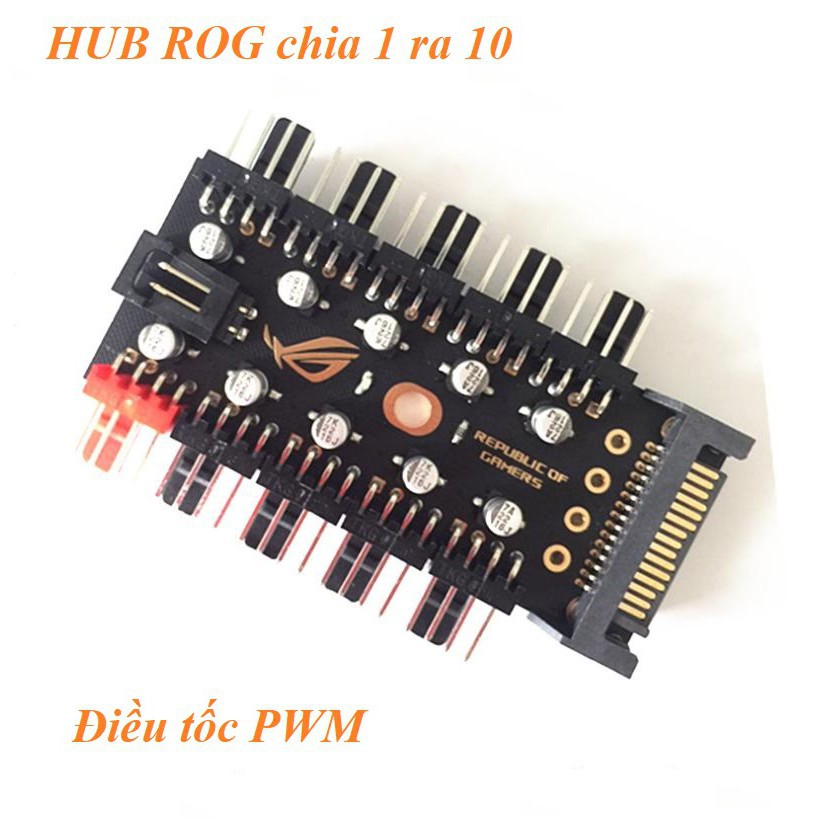 Bộ Chia Quạt Fan HUB ROG 10 cổng Fan Case 4 pin với nguồn cấp điện SATA + Dây PWM 40cm