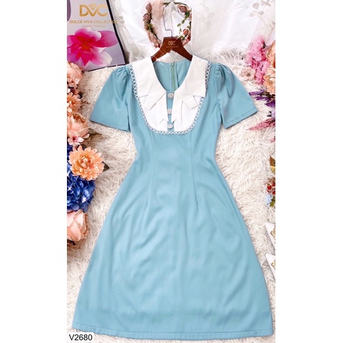 V2680 - váy dáng chữ A màu xanh