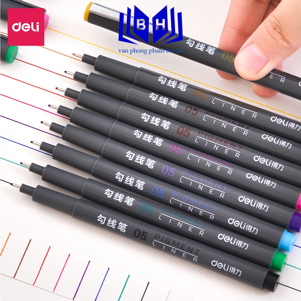 ( BẮC HÀ ) Bút đi nét liner 9 màu Deli - Ngòi bọc kim loại 0.5mm - Màu gốc nước - 9 màu 9 chiếc/Hộp - 1 Hộp - S572