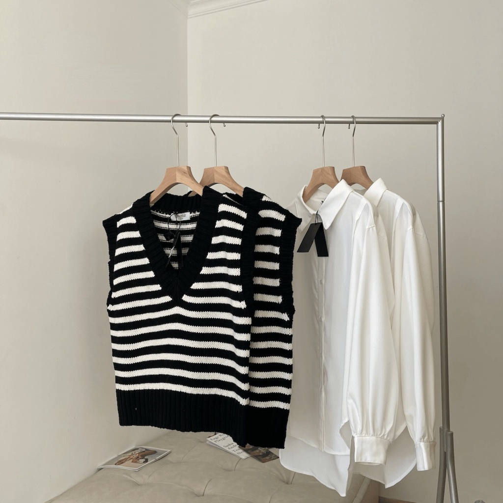 Áo len không tay dáng rộng họa tiết kẻ sọc thời trang retro Hàn Quốc trẻ trung