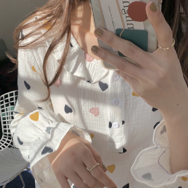 Đồ ngủ tay dài dáng rộng in họa tiết trái tim phong cách Hàn Quốc thời trang cho nữ