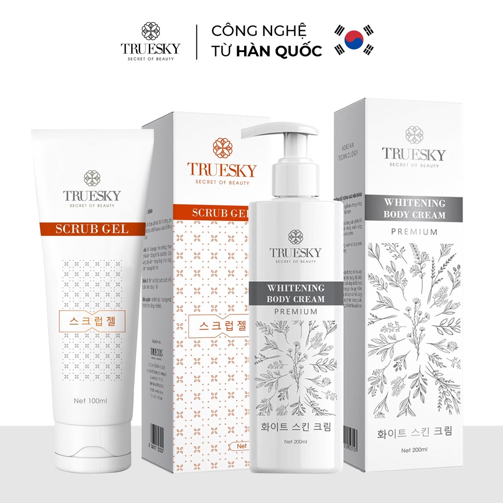 Bộ sản phẩm tắm trắng toàn thân cao cấp Truesky Premium VIP11 gồm 1 kem ủ trắng toàn thân 200ml & 1 tẩy tế bào 100ml.