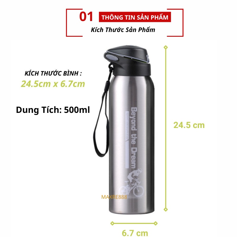 Bình nước giữ nhiệt 500ml bằng thép không gỉ kiểu dáng độc lạ dành cho hoạt động thể thao như đạp xe, leo núi, dã ngoại.