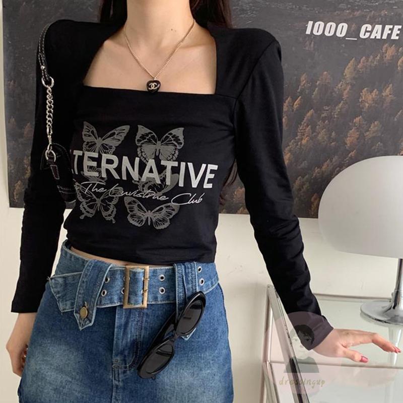 Áo Thun Dài Tay Cổ Vuông In Chữ Và Bướm Thời Trang Cho Nữ