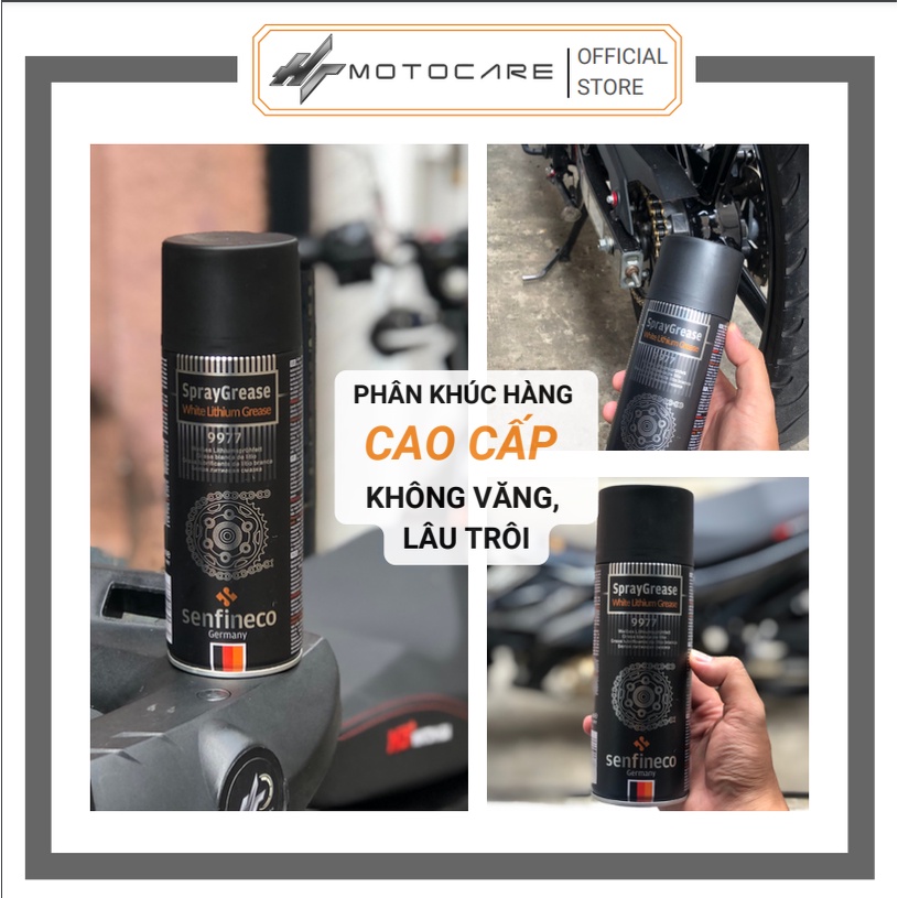 Xịt dưỡng sên cao cấp SENFINECO 9977 chai 450ml mỡ bò trắng không văng lâu trôi HTMotocare