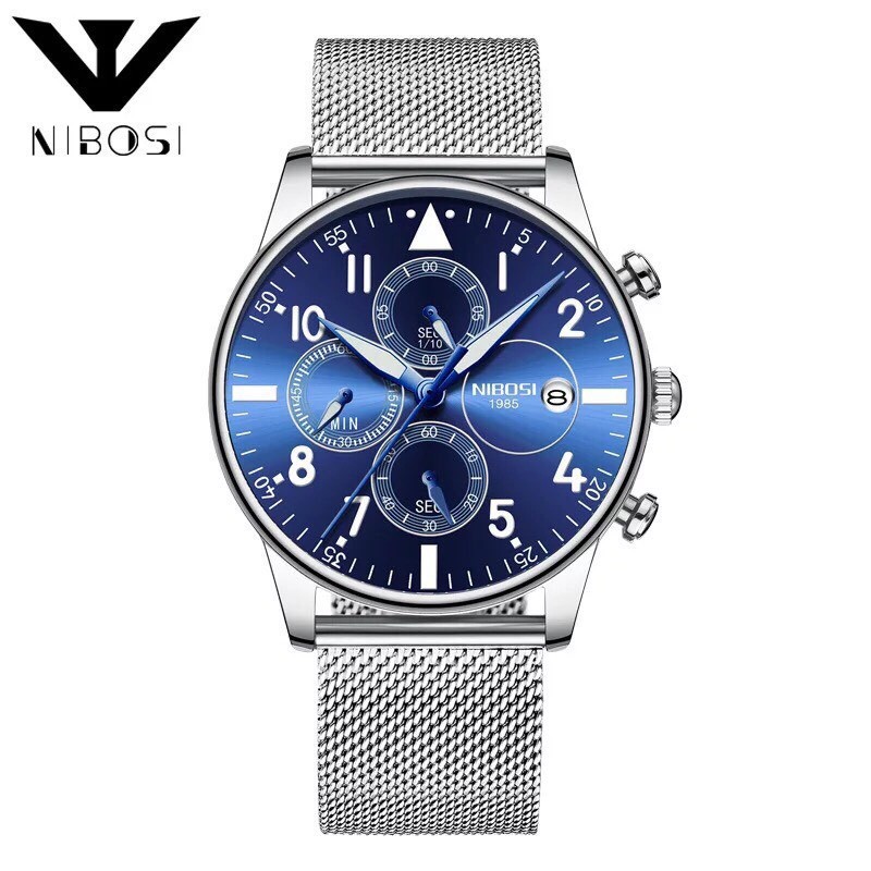 (XẢ KHO) Đồng hồ nam NIBOSI chính hãng cao cấp dây lưới chạy full 6 kim hàng cực tốt full box (hàng sale)