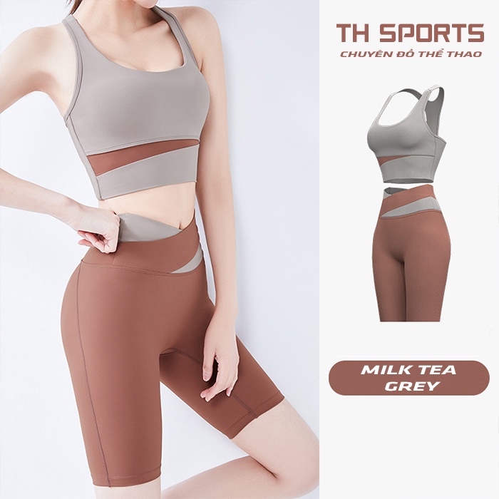 Bộ Tập Gym Nữ Hot Trend Quần Đùi Áo Bra TH SPORT Tập Gym Thể Dục Yoga Picnic Dã Ngoại Nữ TH041 (Bộ Milk Tea Grey)