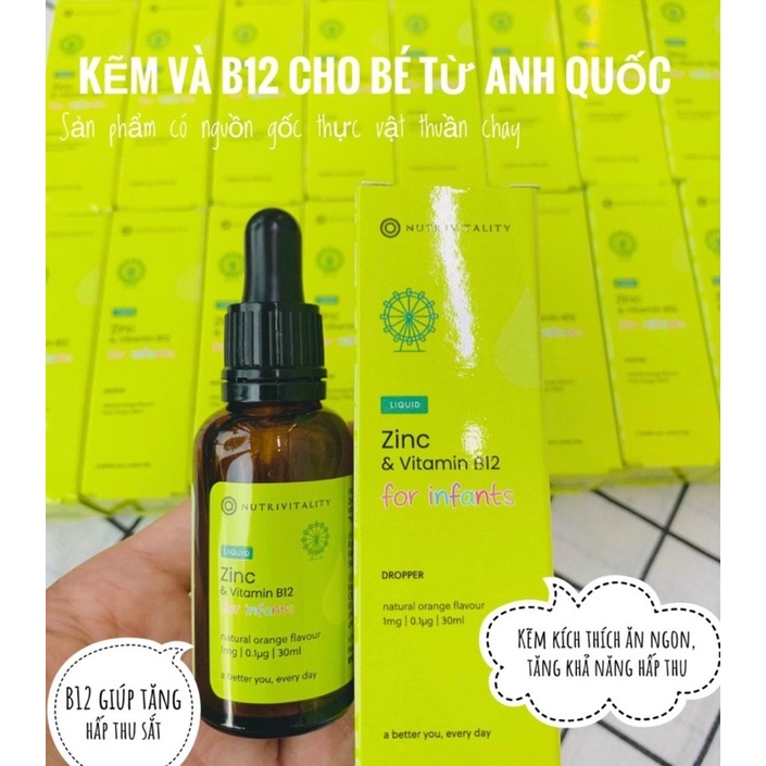 Kẽm Nutrivitality Zinc Vitamin B12 - 30ml Anh Quốc - Bổ sung kẽm & Vitamin B12 cho bé