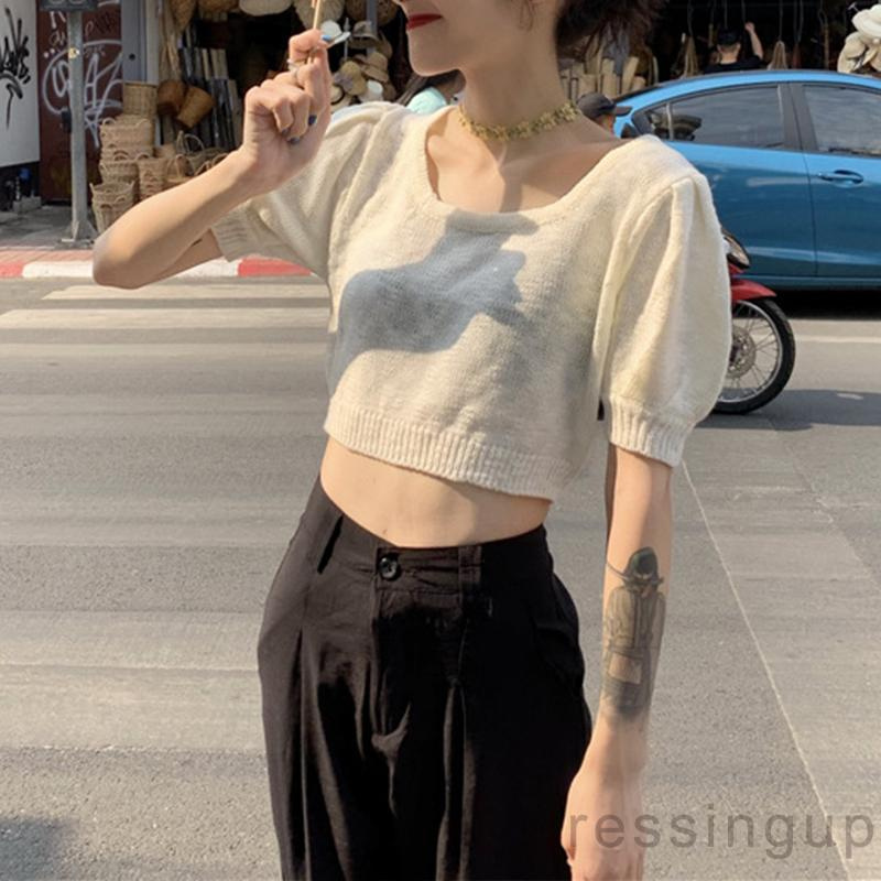 Áo dệt kim tay ngắn màu trơn hở eo thời trang mùa hè dành cho nữ