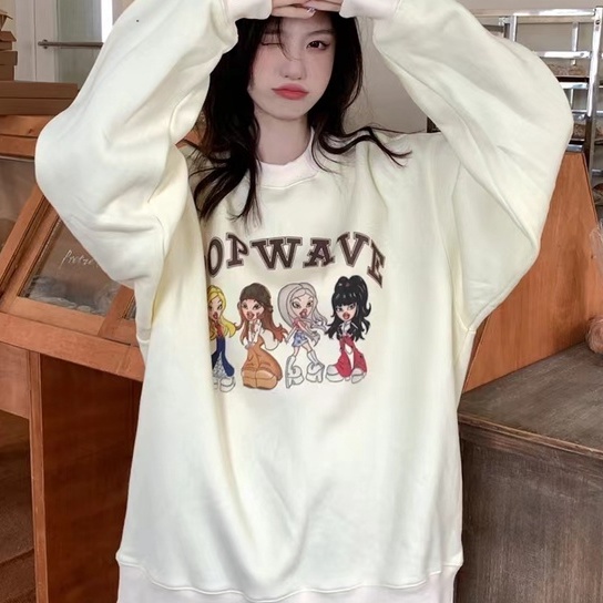 ZHELIHANGFEI Áo Sweater Dáng Rộng In Họa Tiết Xinh Xắn Theo Phong Cách Retro Mỹ