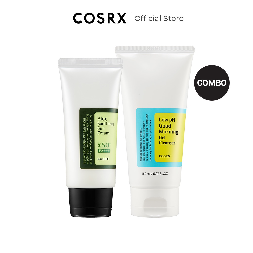 Set mỹ phẩm chăm sóc da COSRX gồm kem chống nắng lô hội SPF 50 PA+++ 50ml + sữa rửa mặt gel dịu nhẹ độ pH thấp 150ml