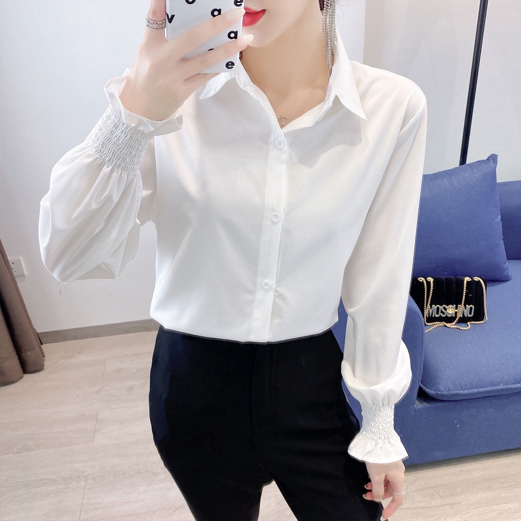 Áo Sơ Mi Trắng Nữ Kiểu Công Sở Form Rộng Đẹp MOLA Tay Phồng Dài Bo Chun Bánh Bèo Hàn Quốc Màu Trắng Kem và Trắng Tinh