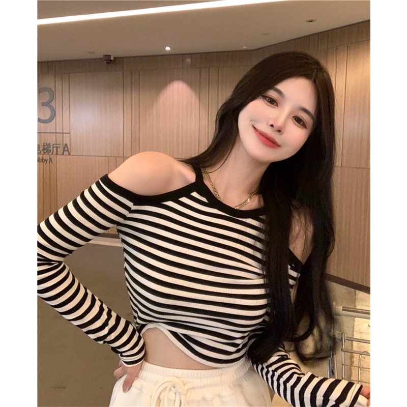 Áo thun COZOK tay dài trễ vai họa tiết kẻ sọc thời trang quyến rũ