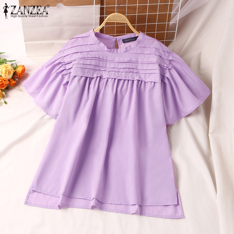 Áo kiểu ZANZEA tay loe ngắn cổ tròn xếp ly thời trang dành cho nữ