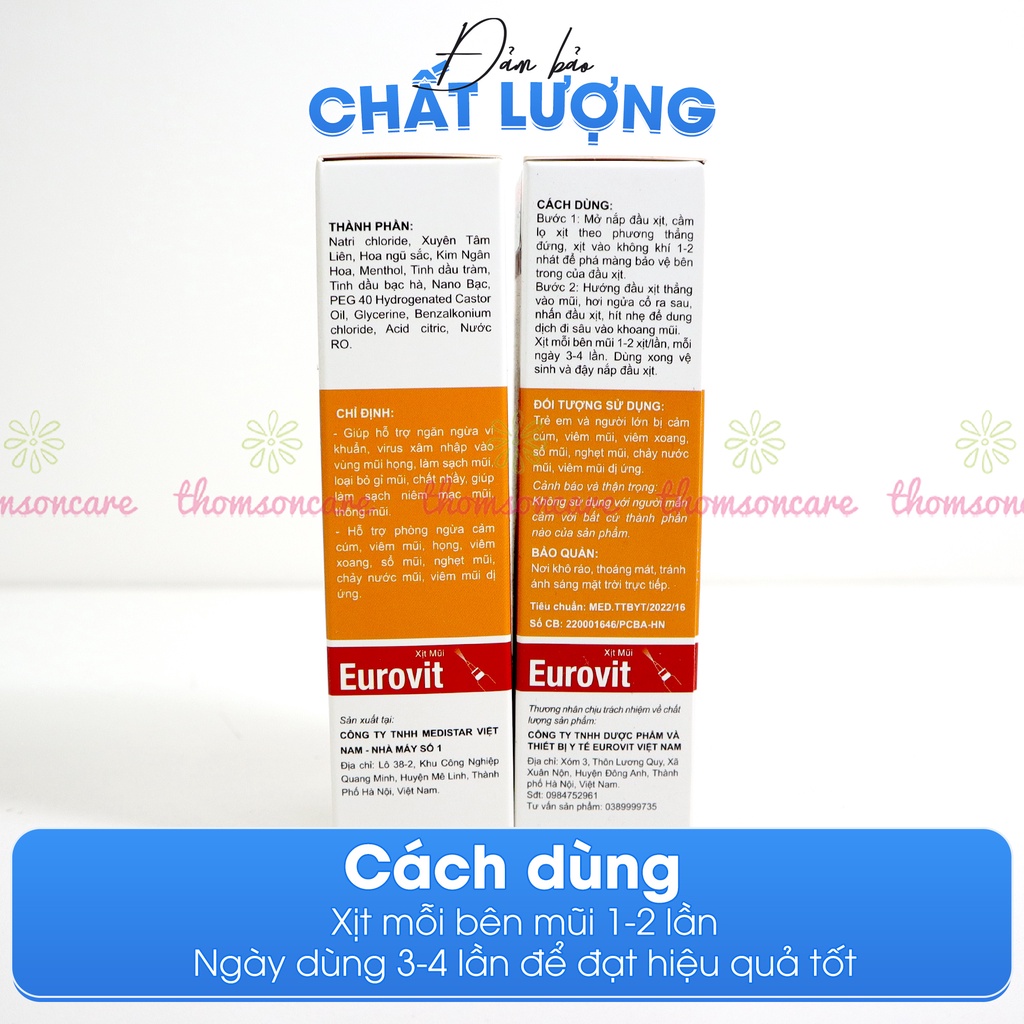 Xịt mũi Eurovit giúp giảm ngạt mũi, thông mũi, phòng ngừa cảm cúm - Lọ 30ml từ xuyên tâm liên, thêm nano bạc