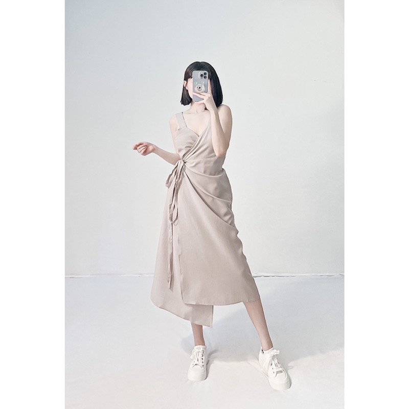 Đầm 2 dây bản to midi đắp vạt dây luồn eo vintage