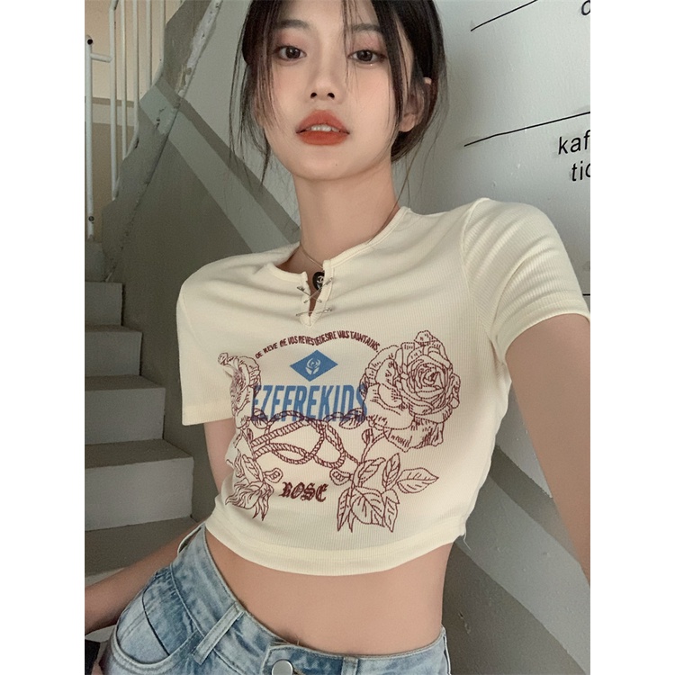 QKOOLE Áo thun nữ  ngắn tay in họa tiết phong cách Hàn Quốc