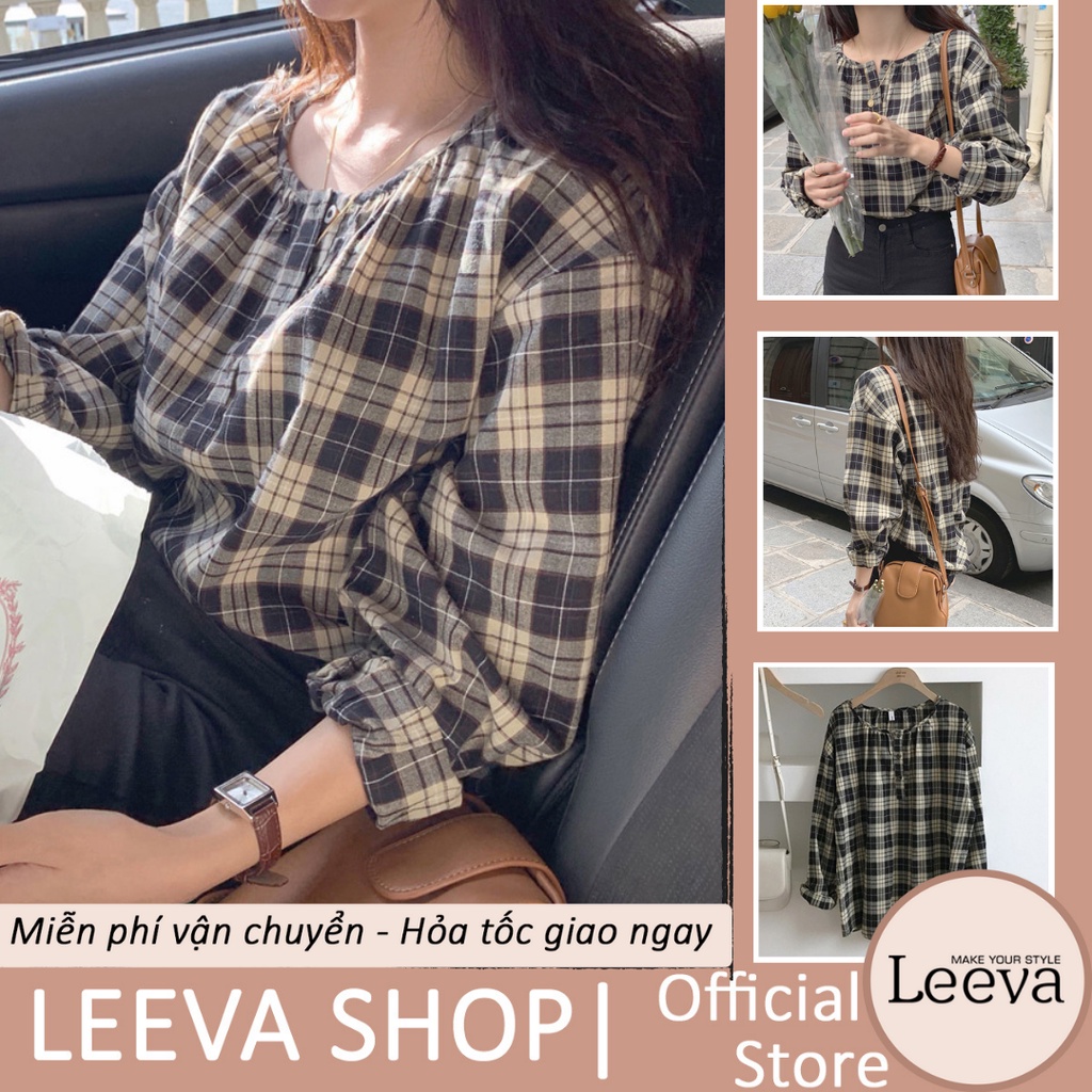LEEVA - Áo kiểu nữ họa tiết caro phối tay bo dáng rộng A103