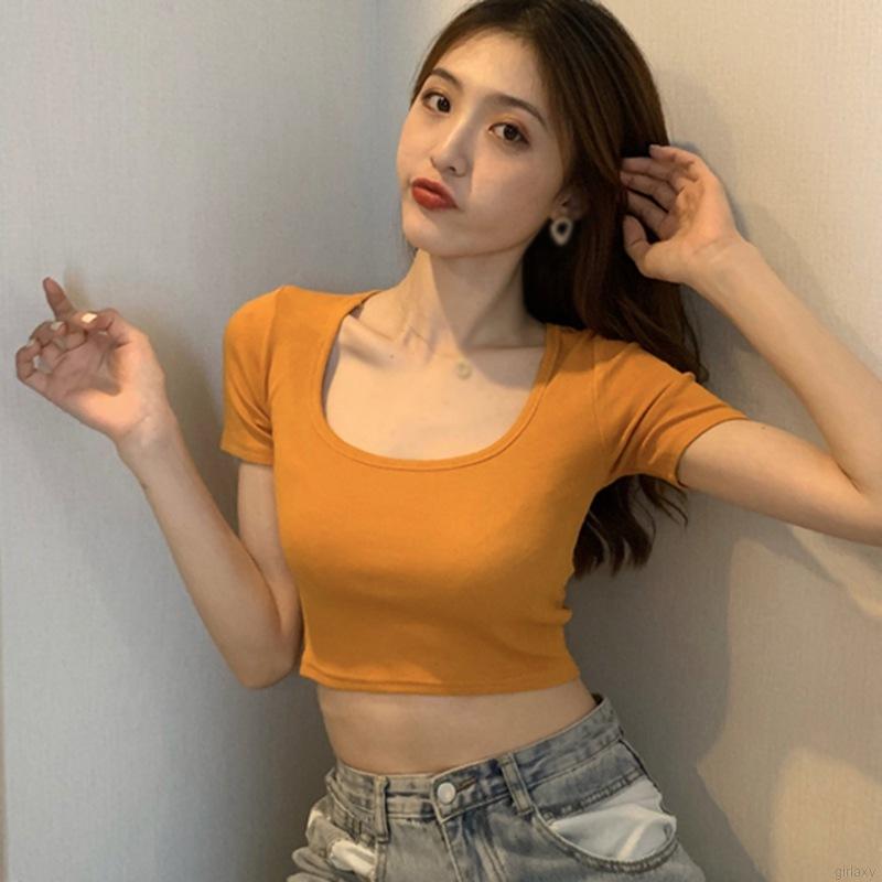 Áo Thun Lửng Tay Ngắn Cổ Vuông Màu Trơn Phong Cách Hàn Quốc