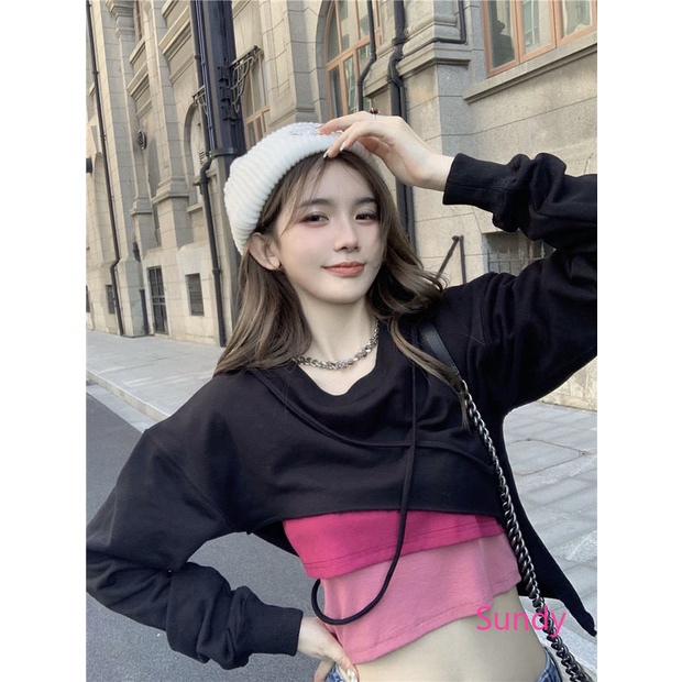 Áo Croptop Tay Dài Màu Sắc Khối Phong Cách Hàn Quốc Độc Đáo Thời Trang Mùa Thu Cho Nữ