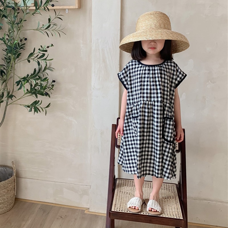 Đầm Tay Ngắn Cổ Tròn Họa Tiết Sọc Caro Thời Trang Mùa Hè Cho Bé Gái