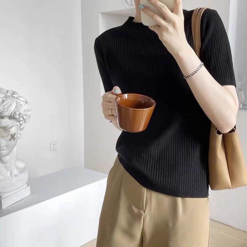 Áo Len Gân Basic Tay Ngắn Cổ Tròn, Áo Kiểu Nữ Đơn Giản