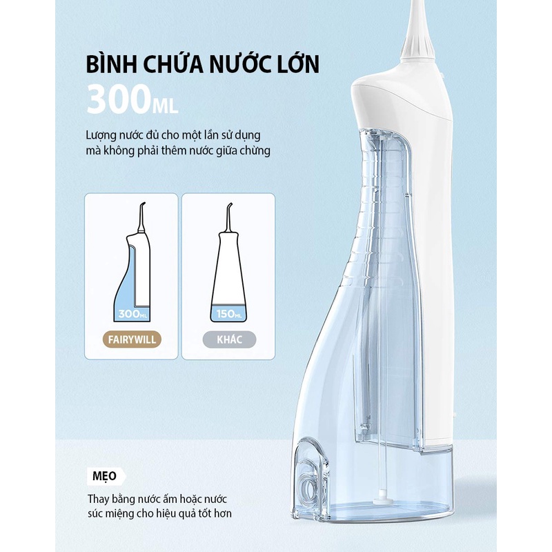 Máy tăm nước cầm tay FAIRYWILL FW-5020E Bản Màu Trắng Tặng 8 đầu thay thế Sạc bằng USB Hàng chính hãng có bảo hành