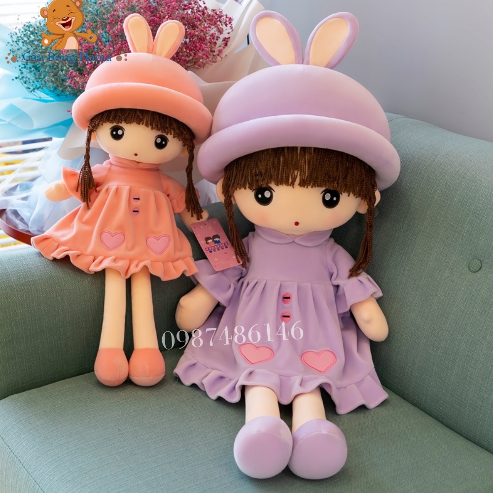 Gấu Bông Búp Bê Váy Nhung Tim Mũ Tai Thỏ Qùa Tặng Dành Cho Bé Gái Gấu Bông Cao Cấp Hama