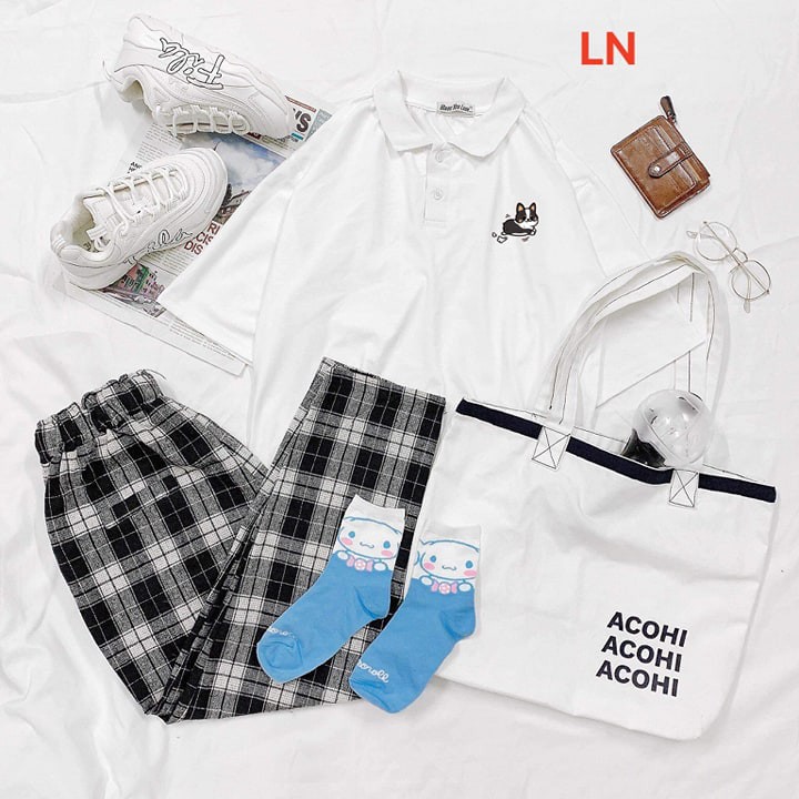 Set áo polo họa tiết chó và quần baggy caro