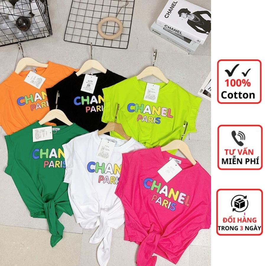 Áo Croptop nữ, áo croptop kiểu chất cotton mát dây buộc thiết kế trẻ trung cá tính in hình chữ Chanel Paris