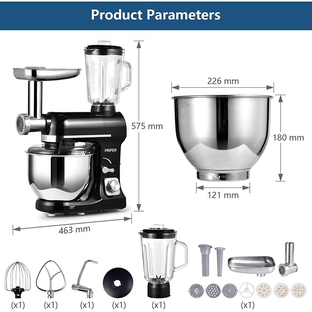 Máy nhào bột Frifer 5L 1000W 6 trong 1 - trộn 1 kg bột khô  - Làm mỳ, sinh tố, đánh kem, đùn thịt xúc xích..