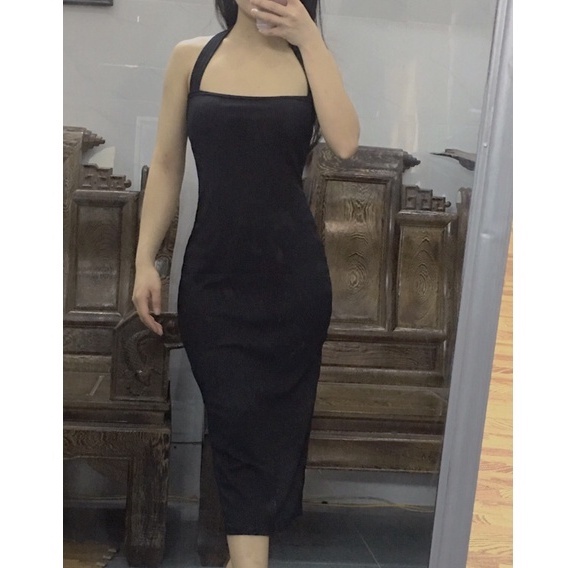 Đầm body cổ yếm dáng dài váy maxi cổ yếm xẻ tà