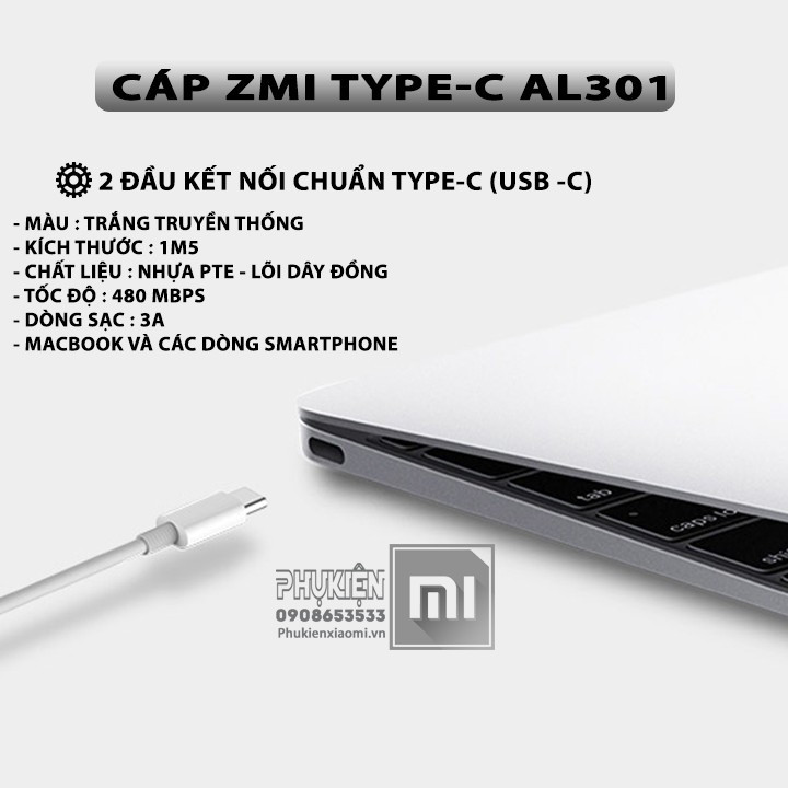 FREESHIP ĐƠN 99K_Cáp ZMI Type-C 2 đầu USB-C dài 1m5 - AL301