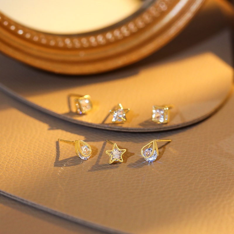 Bộ ba đôi khuyên tai JIUDUOLAN đính đá zircon tinh tế thời trang màu vàng / bạc kim an toàn cho nữ