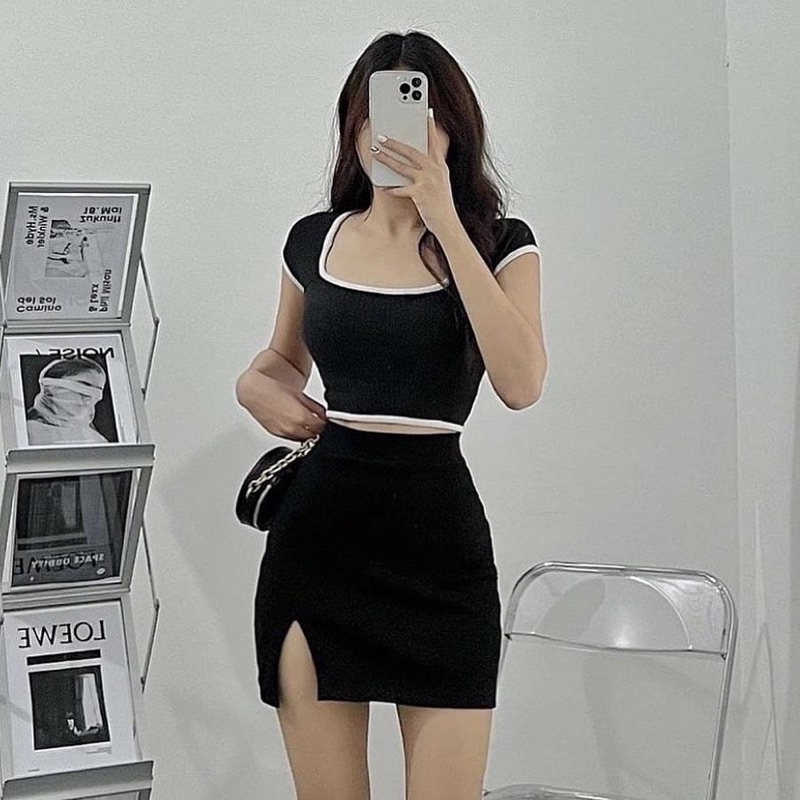 Chân váy thun gân xẻ tà