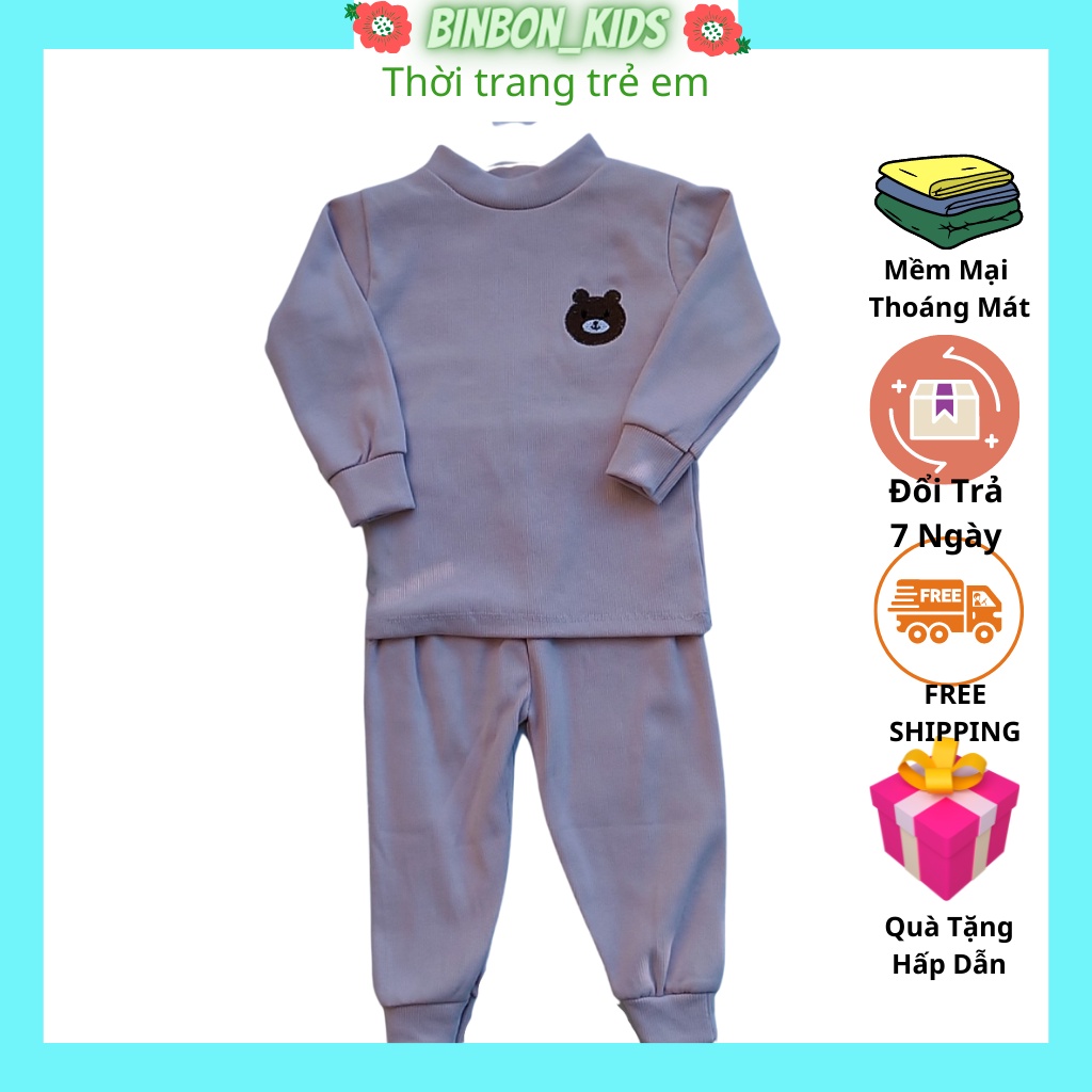 Quần áo bé trai bé gái Binbon kids, Bộ dài tay cho bé chất cotton gân thêu chú gấu cự yêu cho bé từ 8-18kg