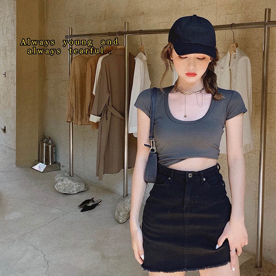 Áo thun IELGY tay ngắn dáng ôm phong cách Hàn Quốc thời trang cho nữ