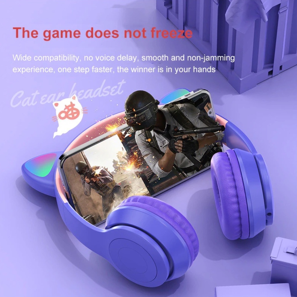 Tai nghe mèo chụp tai bluetooth không dây có mic BOMAN, Tai phone bluetooth không dây gaming có đèn led đổi màu cute