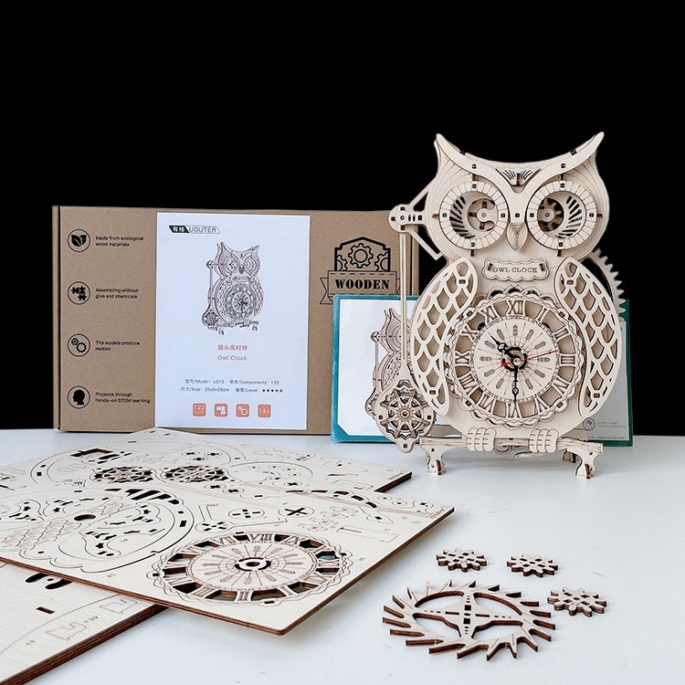 Mô hình gỗ 3D Lắp ráp Đồng hồ Quả lắc hình Cú Owl Clock Uguter