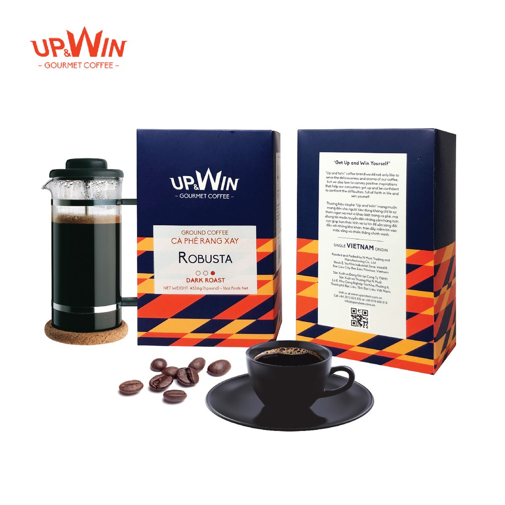 Cà phê rang xay UP AND WIN cafe Robusta dòng dark roast hộp 453.6 gram