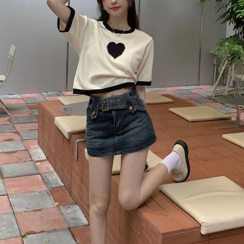 Áo Thun Crop Top Dệt Kim Tay Ngắn Cổ Thuyền Màu Tương Phản Họa Tiết Trái Tim Dễ Thương Thời Trang Mùa Hè Cho Nữ