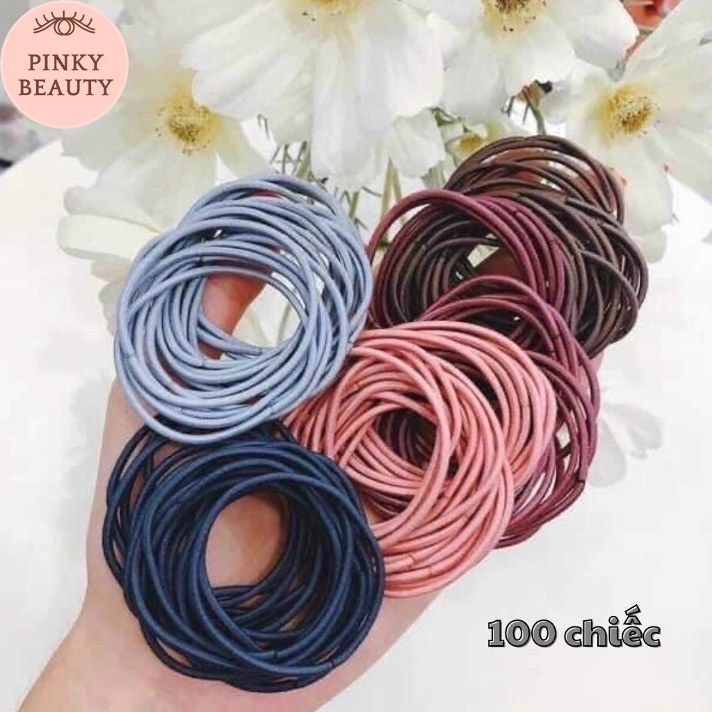 Chun Buộc Tóc Set 100 Dây Thun Cột Tóc Nhiều Màu Đơn Giản Tiện Lợi Pinky Beauty Kèm Túi Zip